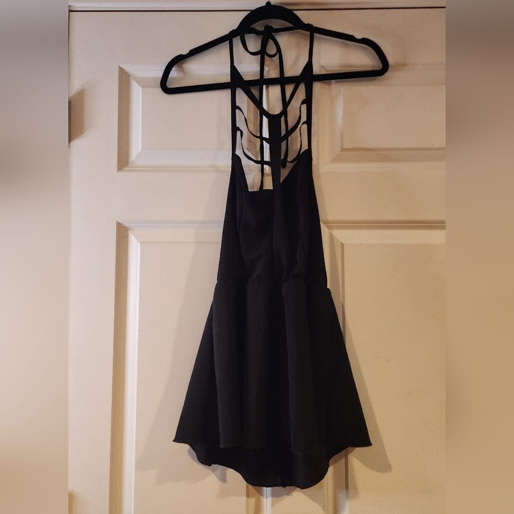 Shein stretchy strappy black halter peplum tank 0XL